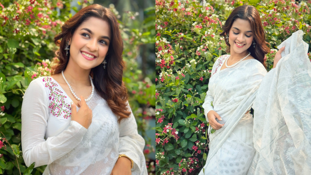 সাদা শাড়িতে মডার্ন গ্ল্যাম লুকে অভিনেত্রী সাদিয়া আইমান